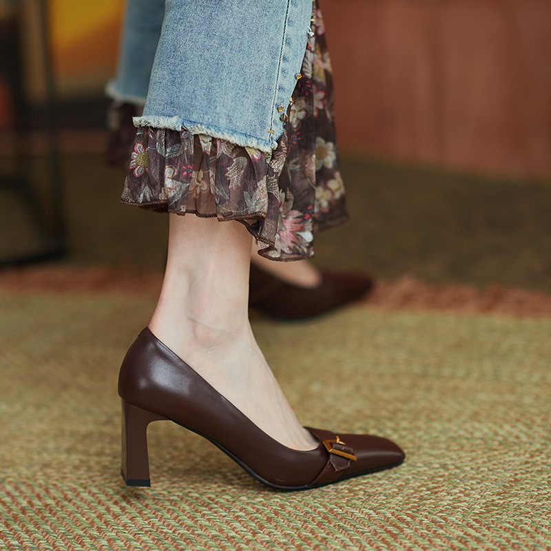 Korean Version Thick With French High Heel Female High Heel Shoes White Square Scalp Retro Fashion | BigBuy360 - bigbuy360.vn