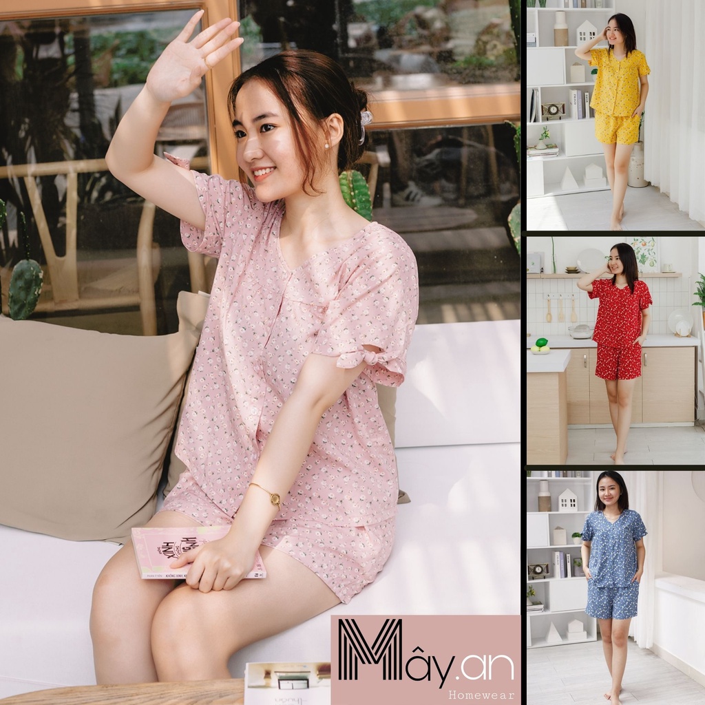 Đồ mặc nhà MÂY áo cổ tim tay cột nơ quần ngắn lụa mango họa tiết hoa