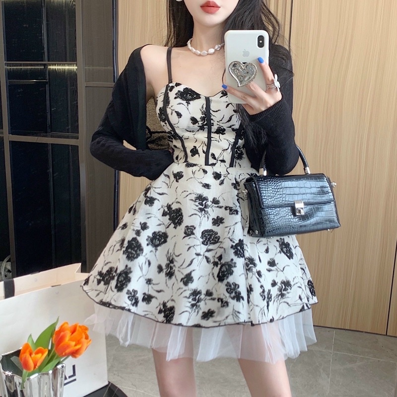 CÓ VIDEO ẢNH THẬT-Đầm xoè 2 dây phối bèo kèm áo khoác gân phong cách retro