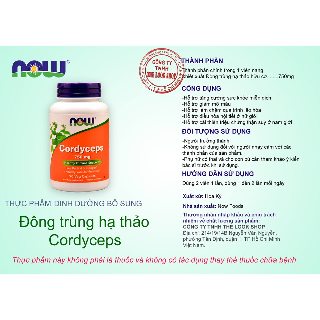 Viên Cordyceps Đông Trùng Hạ Thảo 750mg 90 viên- NOW USA