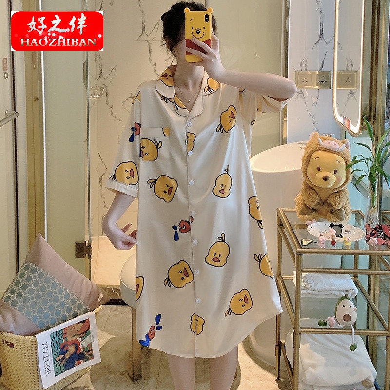 Đầm Ngủ Tay Dài Vải Lụa In Hình Vịt Vàng Kiểu Hàn Quốc Xinh Xắn Cho Nữ