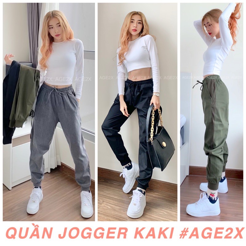 Quần Jogger Nữ Kaki AGE2X Phối Thun Gân Tệp Màu