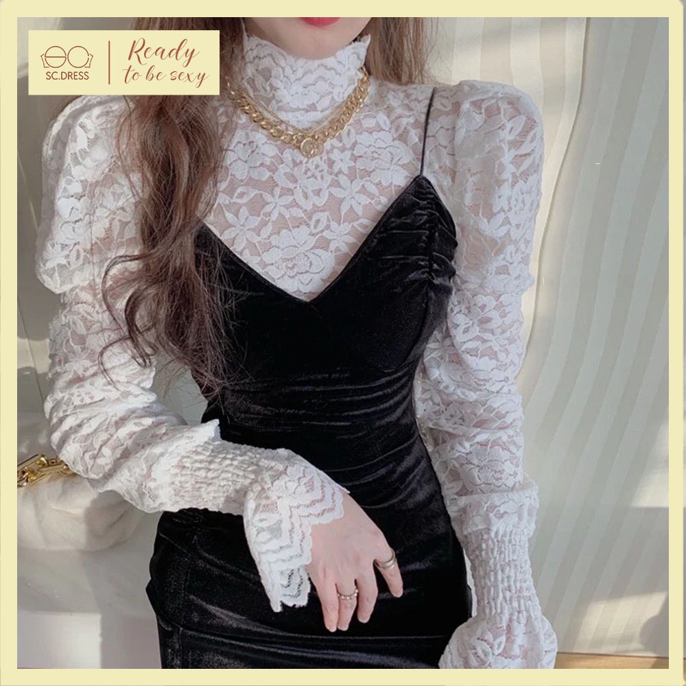 Set váy nhung đen hai dây ôm body xẻ vạt mix áo ren trắng tay bồng cao cổ thời thượng năng động S00118