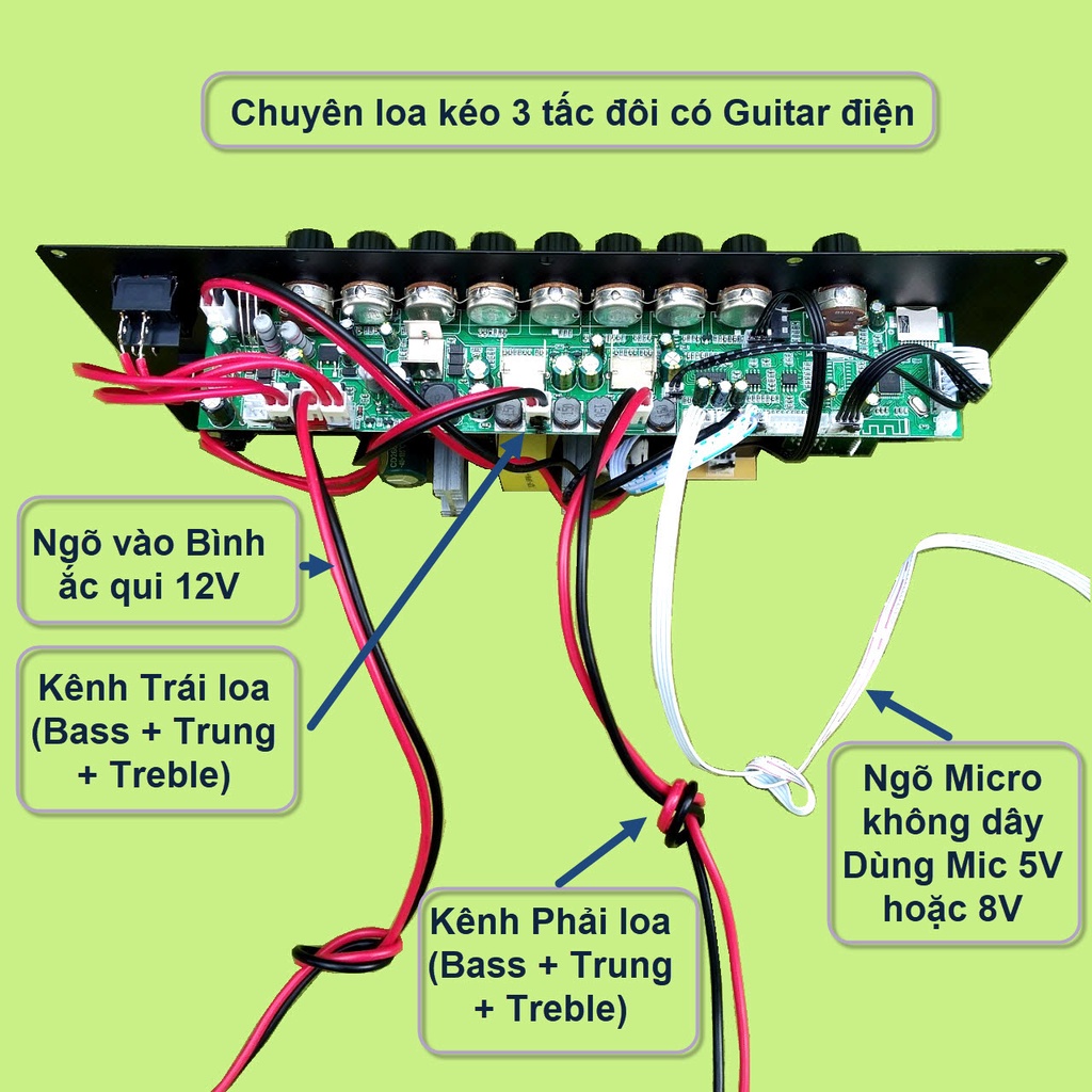 Mạch loa kéo 4 Bass 2.5 tấc 2 kênh độc lập 2 IC CS8676 120W + 120W có nguồn xung 220V kèm Micro đôi UHF - VHF