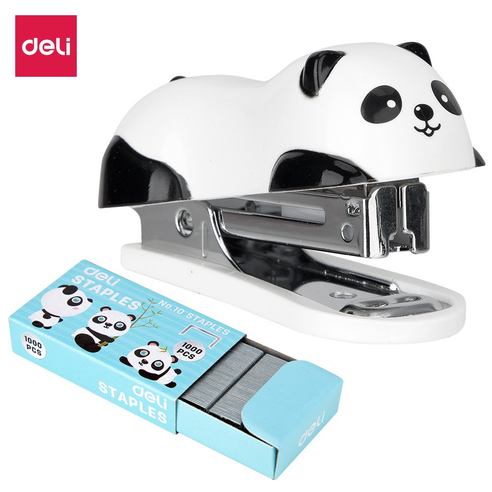 Dập ghim mini hình gấu Panda, 12 trang kèm 1000 chiếc ghim - Deli E0453