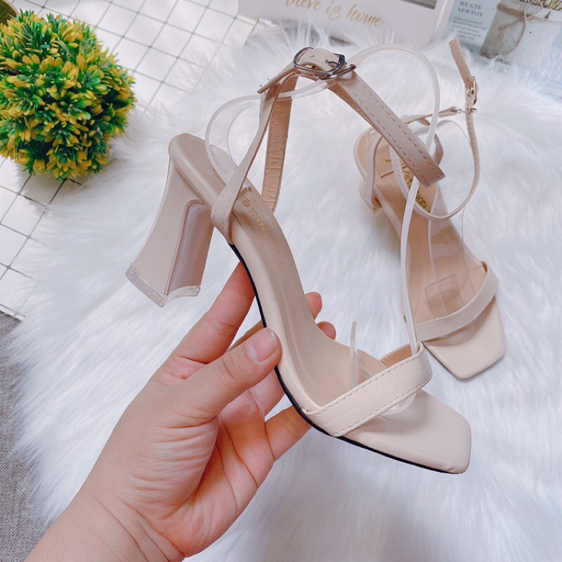 Giày sandal nữ quai ngang gót loe 7p da lì đi cực mềm không quá cao