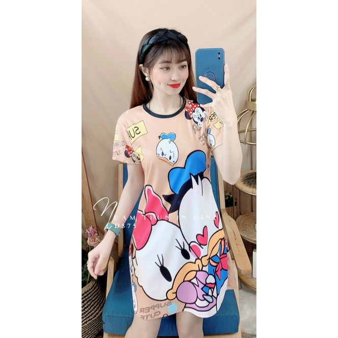 Đầm váy ngủ vải thun co dãn họa tiết 3d mặc ngủ thoải mái freesize dưới 60kg