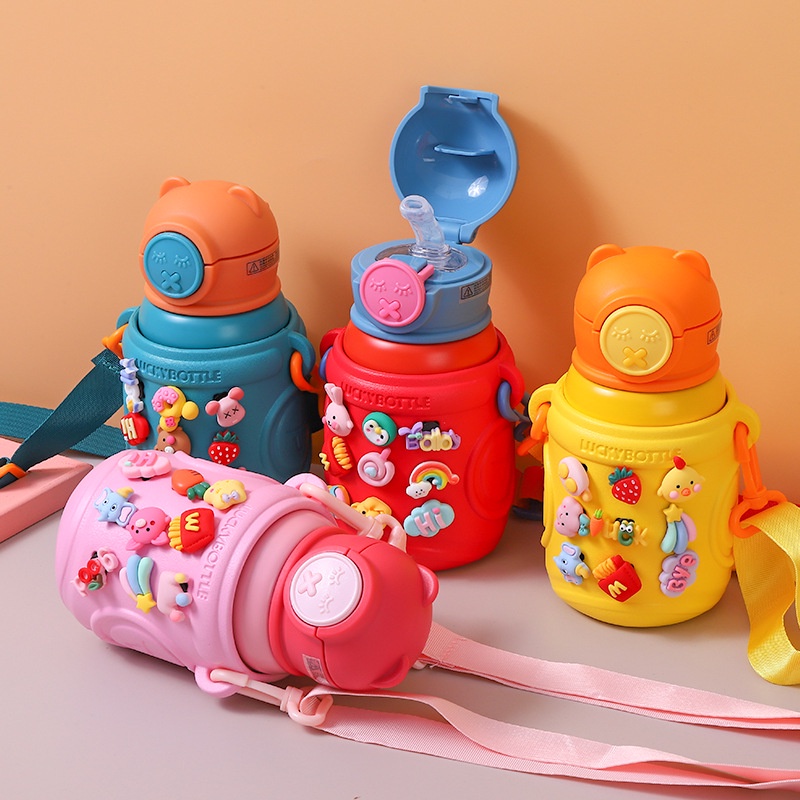 Bình nước giữ nhiệt bằng thép không gỉ có ống hút hình hoạt hình đáng yêu cho trẻ em
