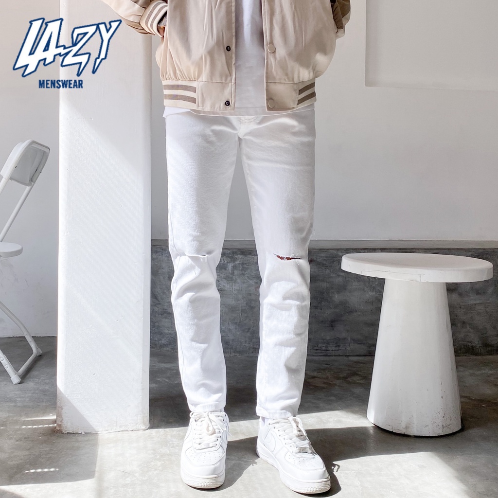 Quần jean nam màu trắng trơn rách gối form slimfit cao cấp - chất jean co giãn LAZY