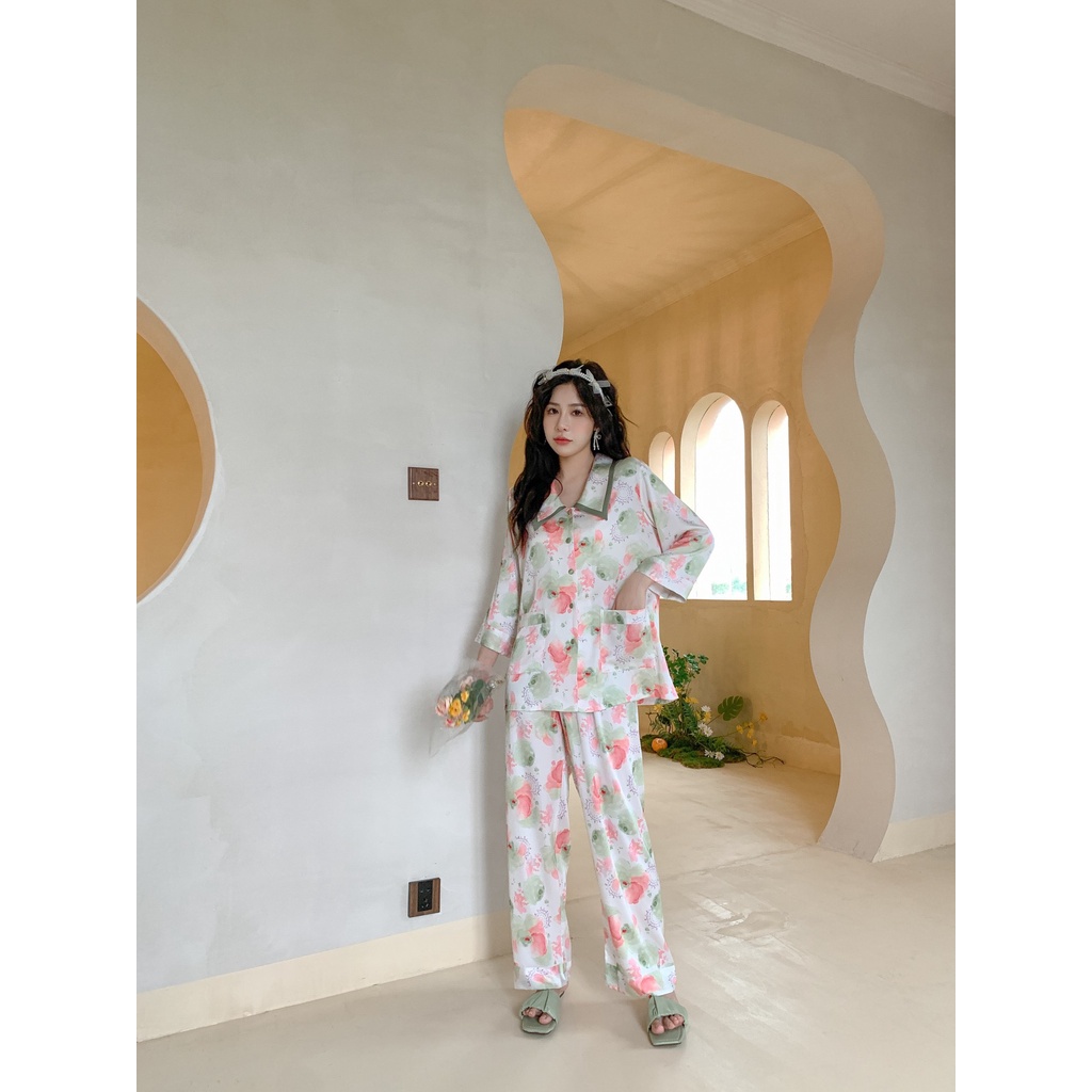 Đồ bộ ngủ Pyjama lụa tơ tay dài quần dài pink flowers