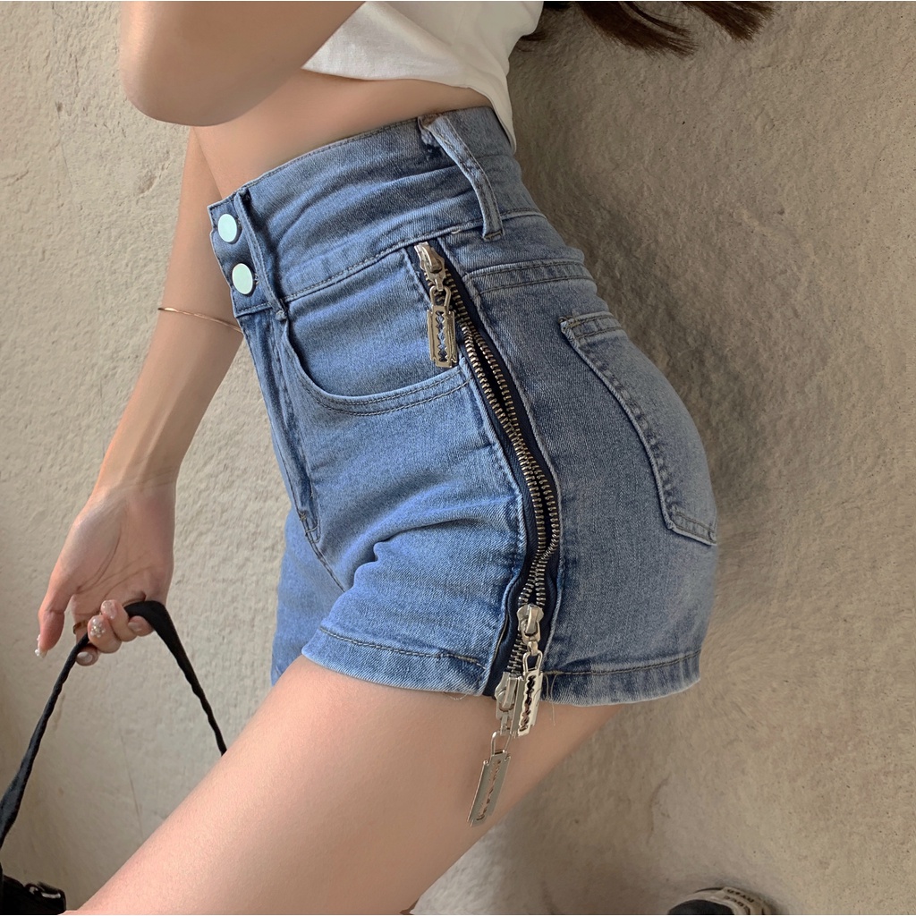 DUNEA Quần Đùi Denim Lưng Cao Phối Khóa Kéo Phong Cách Đường Phố Cho Nữ