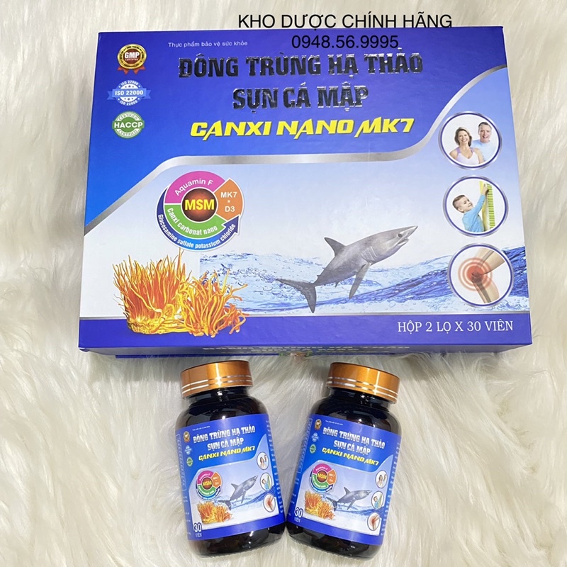 ĐÔNG TRÙNG HẠ THẢO SỤN CÁ MẬP CANXI NANO MK7 hộp 2 lọ x 30 viên - Viên uống xương khớp