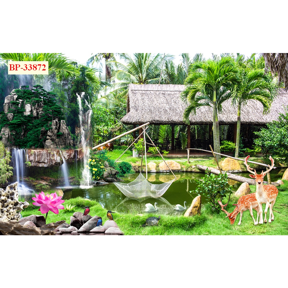 Tranh 3d khu nhà ở, rừng cây trong lành, xanh mát tránh xa thành phố tấp nập