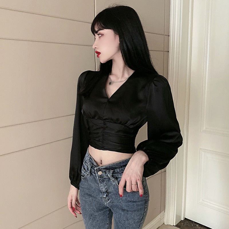 Áo Croptop Tay Dài Cổ Chữ V Màu Sắc Đơn Giản Phong Cách Hàn Quốc Quyến Rũ Cho Nữ