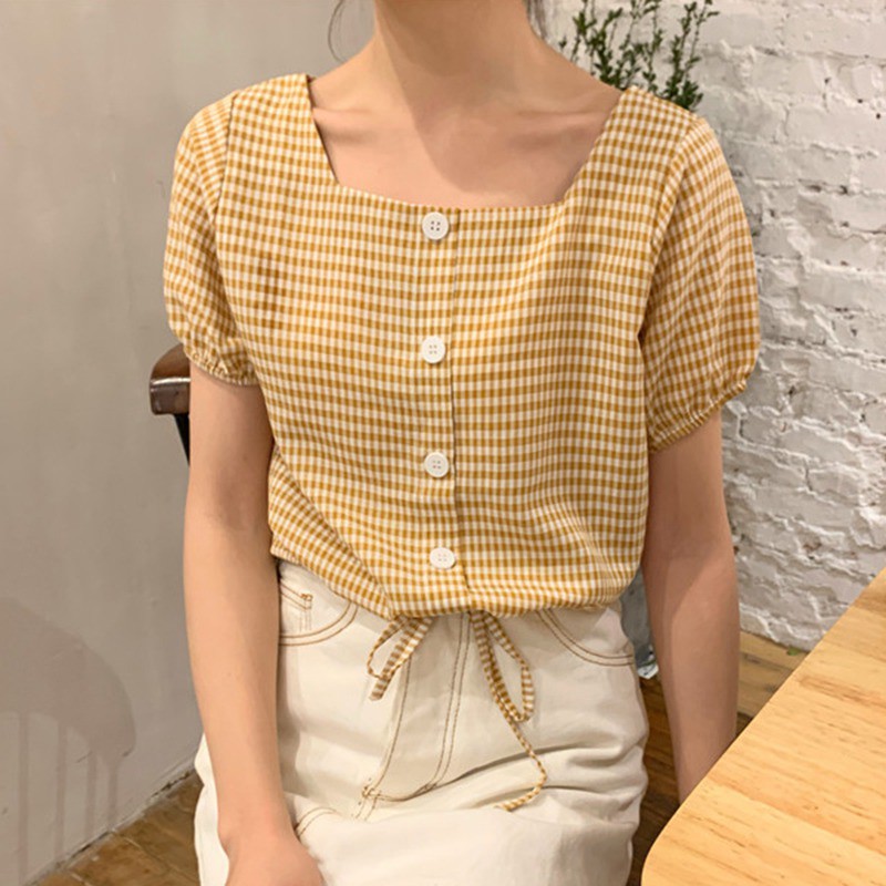 [Baywellfashion]Áo sơ mi tay ngắn họa tiết sọc vuông phong cách Hàn Quốc | BigBuy360 - bigbuy360.vn