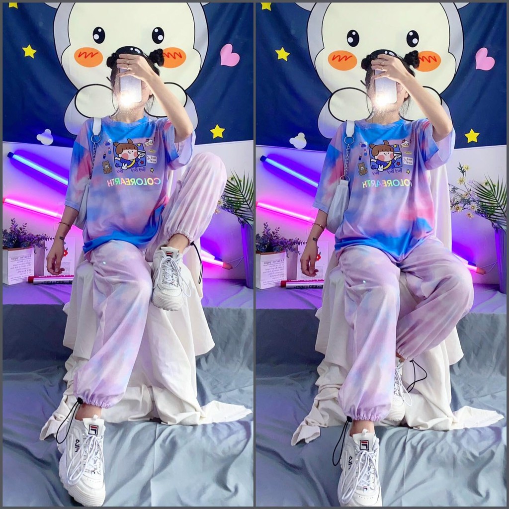 Set Bộ Áo Thun Tay Lỡ In Hình Tie Tee Phối Quần Jogger 3D Dây Rút Ulzzang Unisex Dáng Rộng - MM