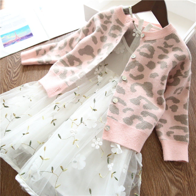 Áo Khoác Cardigan Dệt Kim In Họa Tiết Da Báo Thời Trang Xuân Thu Cho Bé Gái