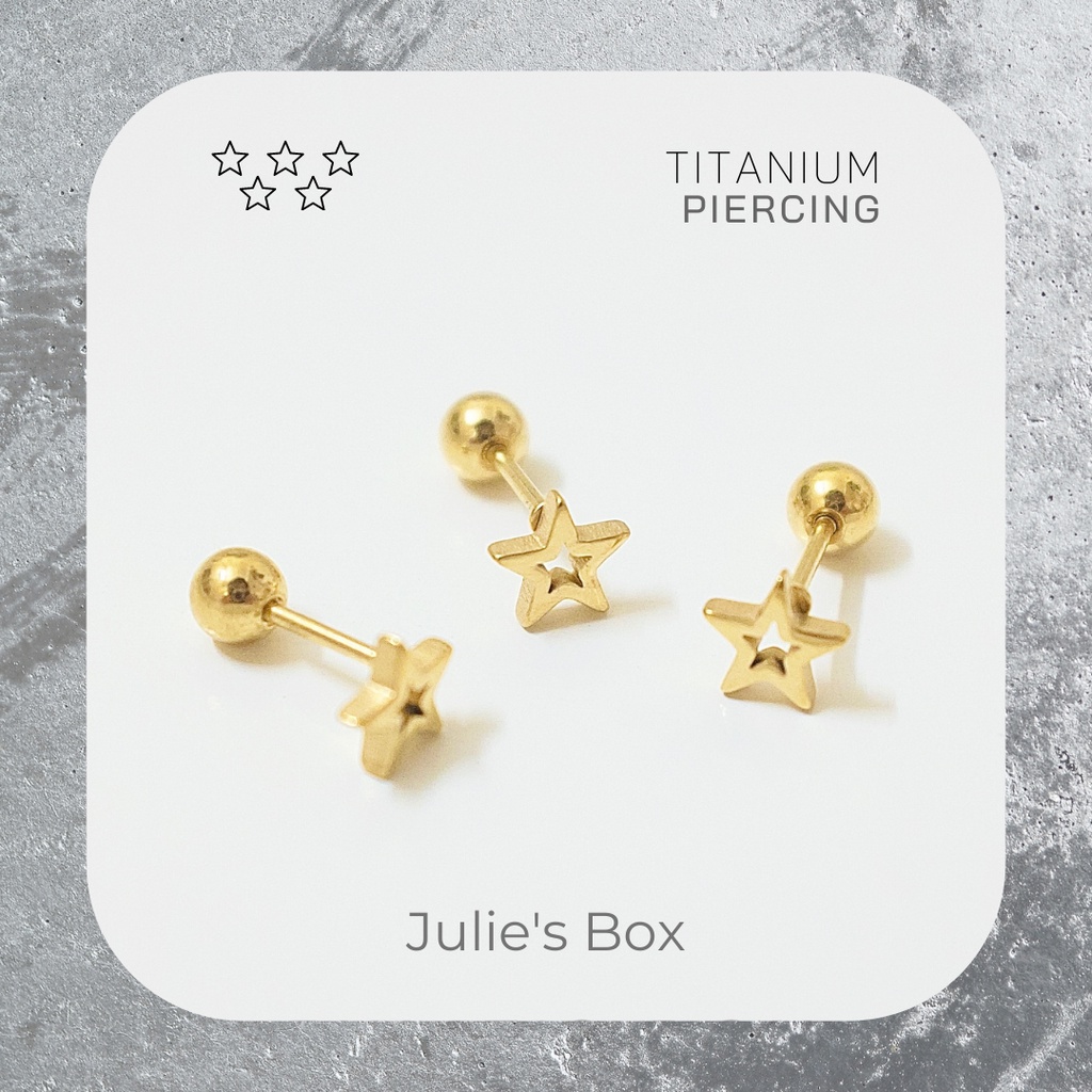 [1 Chiếc] Khuyên Tai Titan Unisex Ngôi Sao Rỗng Màu Vàng Đuôi Bi Không Gỉ Sét Không Ngứa Bông Tai Julies Box 66