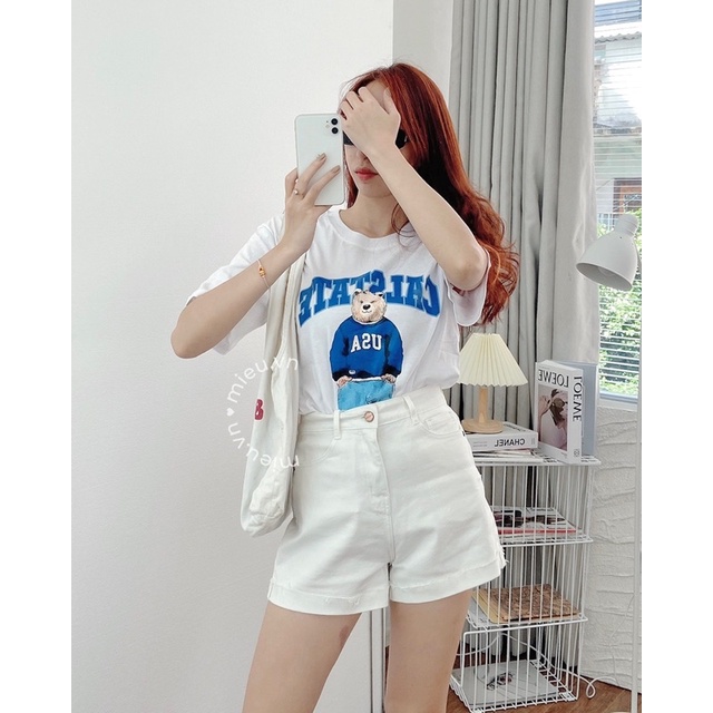 Áo thun cổ tròn form rộng áo thun nữ in hình gấu MIEU - JM21