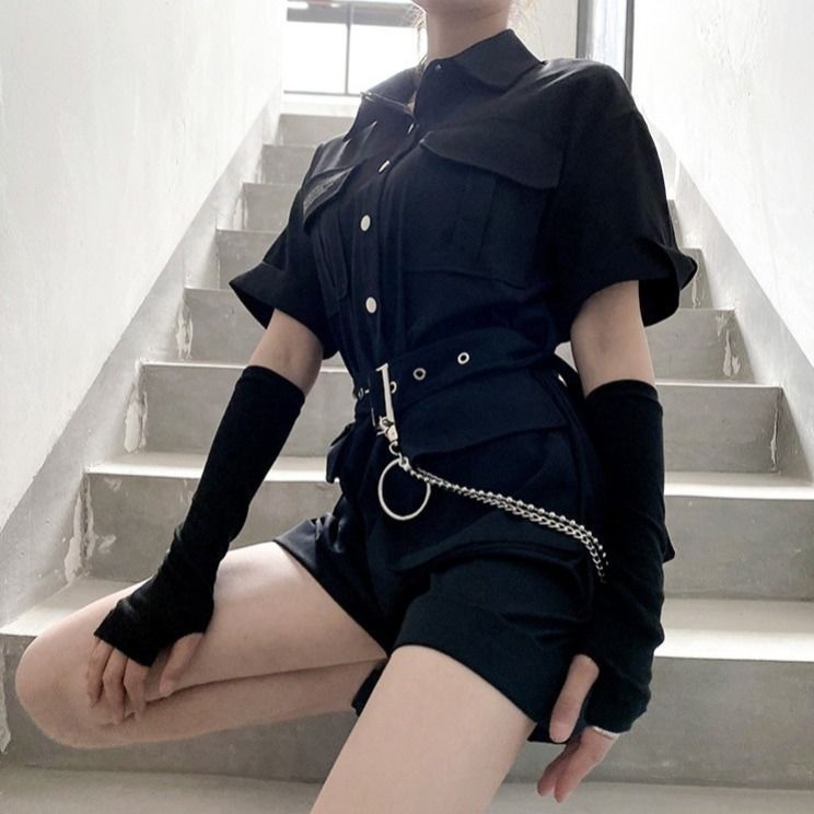 Áo Liền Quần Màu Đen Tay Ngắn Dáng Ôm Eo Cao Phong Cách Harajuku Thời Trang Mùa Hè 2020 Cho Nữ