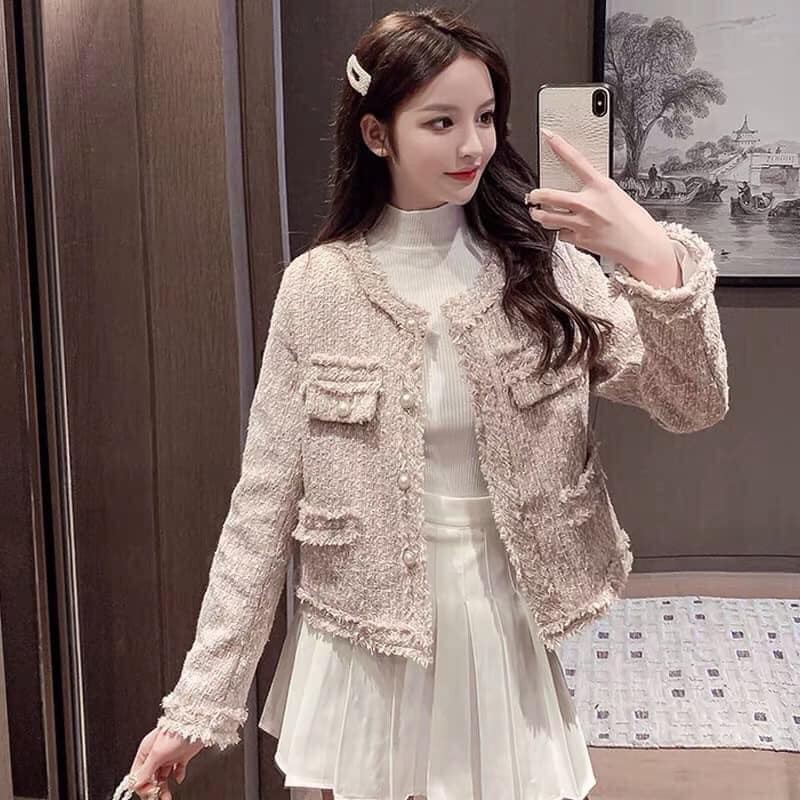 [HÀNG ORDER] Áo khoác dạ tweed hồng nhạt, áo dạ tweed nữ hàng Quảng Châu
