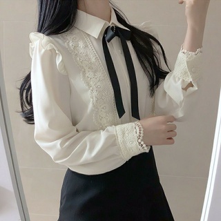 [ ORDER TAOBAO] Áo sơ mi phối ren bèo kèm nơ cổ