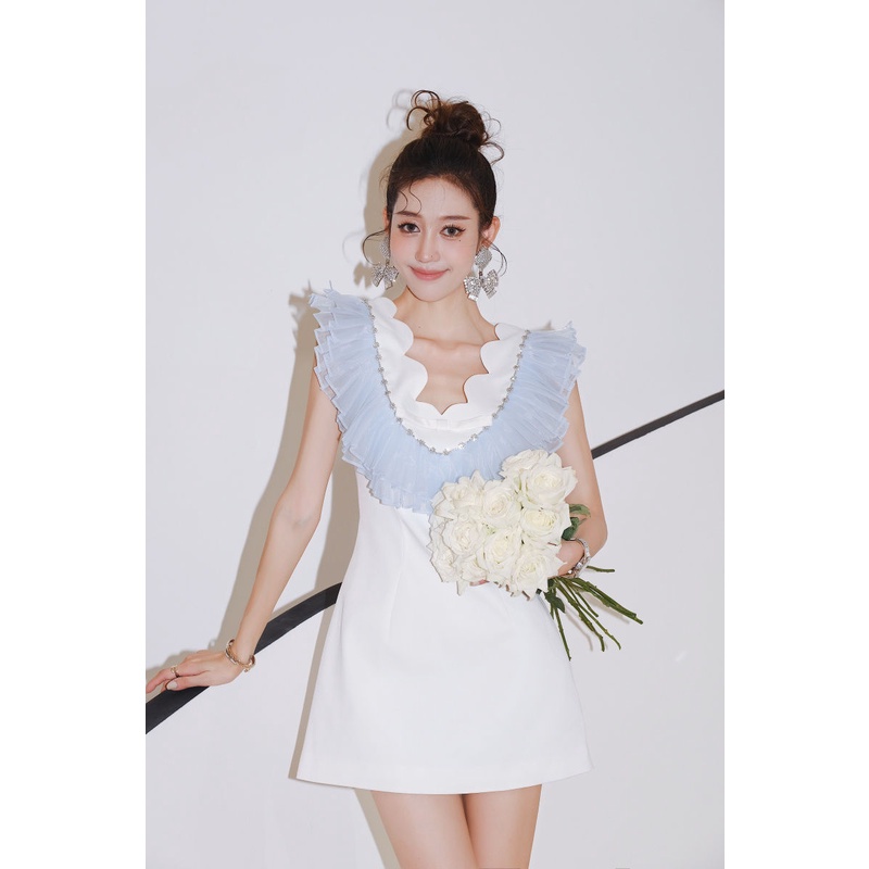 Phong Cách mới!F &amp; X Đầm Hai Dây Ngắn Lưng Cao Viền Gợn Sóng Bằng Vải Organza Nhẹ Nhàng Quyến Rũ Cao Cấp Kiểu Pháp Ngọt Ngào Thời Trang Mùa Hè Dành Cho Nữ