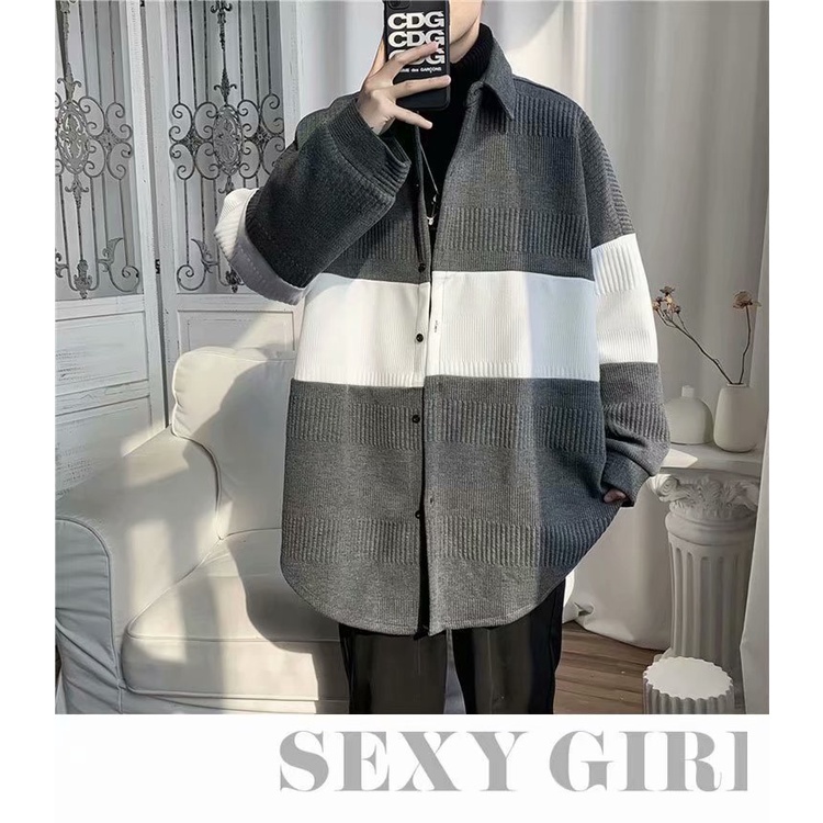 Áo Khoác Cardigan Dệt Kim Dáng Rộng Màu Sắc Tương Phản Thời Trang Xuân Thu Cho Nam