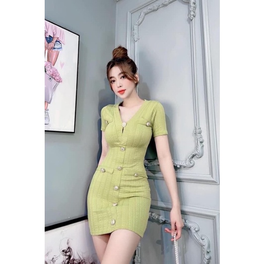 Đầm Ôm Body Tay Ngắn Phối Nút Siêu Xinh