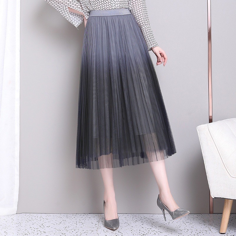 [Jamela Store] Chân váy xếp ly phối màu loang dáng dài