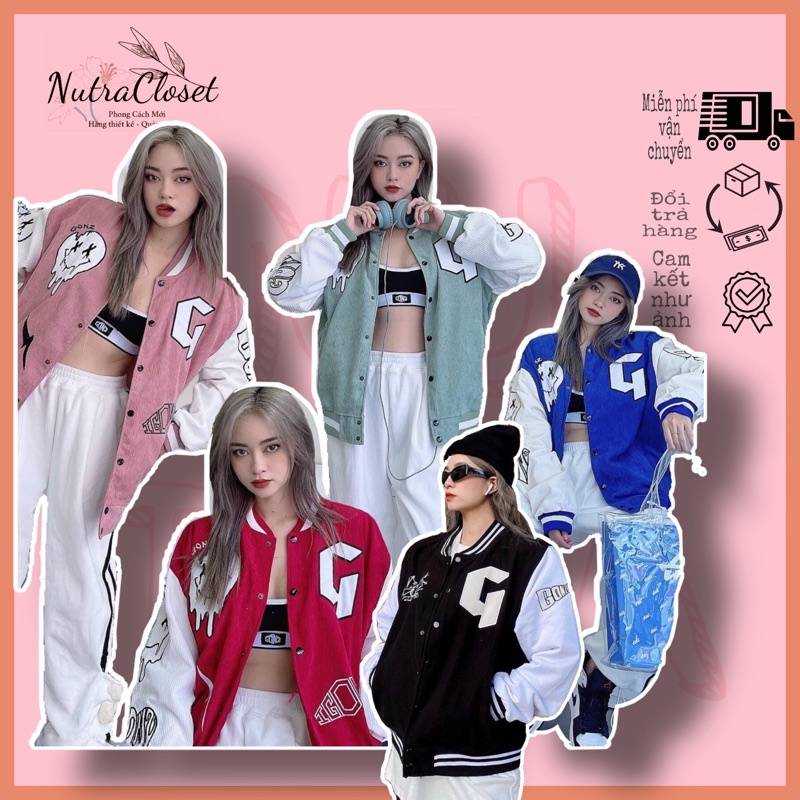 Áo khoác kaki Nhung gân thêu G nam nữ ulzzang unisex