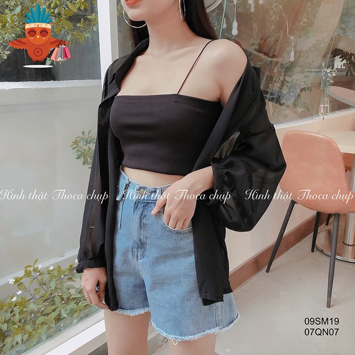 Áo sơ mi voan tay phồng tặng kèm áo 2 dây croptop THOCA HOUSE 2 màu đen, trắng chuẩn style Hàn freesize dưới 56kg