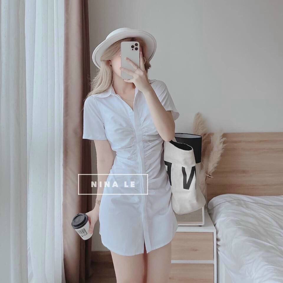 [ Miễn phí ship 2022 ] Đầm sơ mi nữ công sở đi tiệc, váy body rúm eo tay ngắn cá tính dáng ngắn sexy hàn quốc