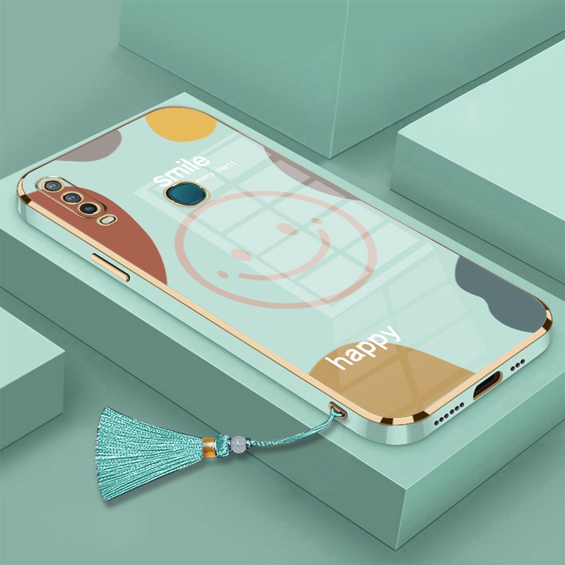 Ôp Điện Thoại Silicon Dẻo Mạ Điện Họa Tiết Mặt Cười Hạnh Phúc Kèm Dây Đeo Tua Rua Cho vivo y11 y12 y15 y17 y19