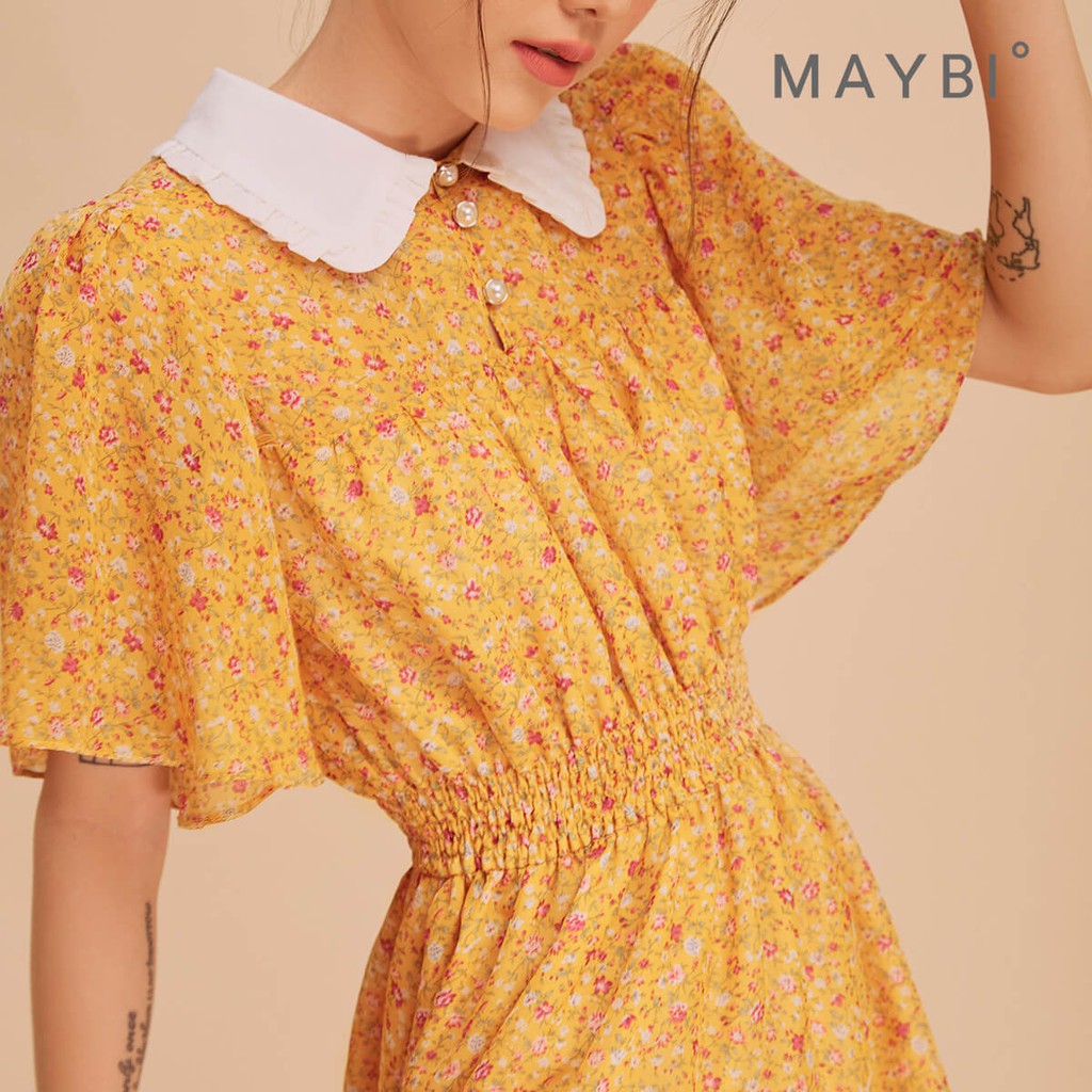 [Mã MAYBI100 giảm 100K đơn từ 599K] MAYBI - Đầm họa tiết hoa vàng nhún eo Caff Length Print Dress