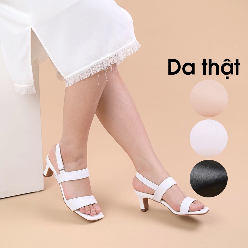 Dép sandal nữ da thật cao gót 6cm quai dán tiện lợi hàng VNXK - Kimy Store