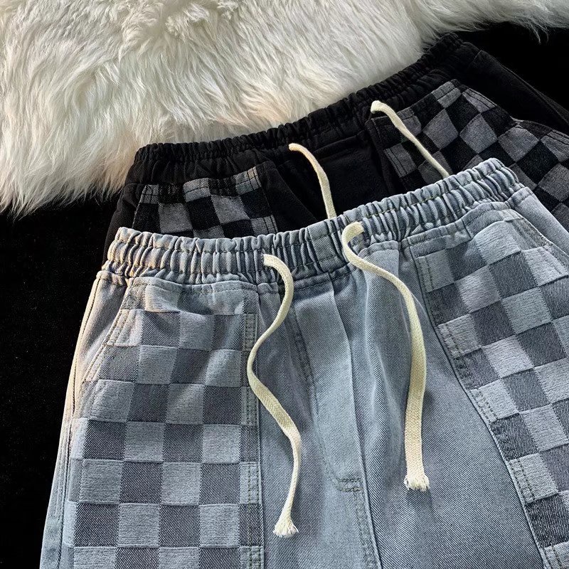 Quần short jean họa tiết caro có dây rút phong cách hàn quốc thời trang cho nam simple quần đùi nam from rộng fashion top quần short jean nam