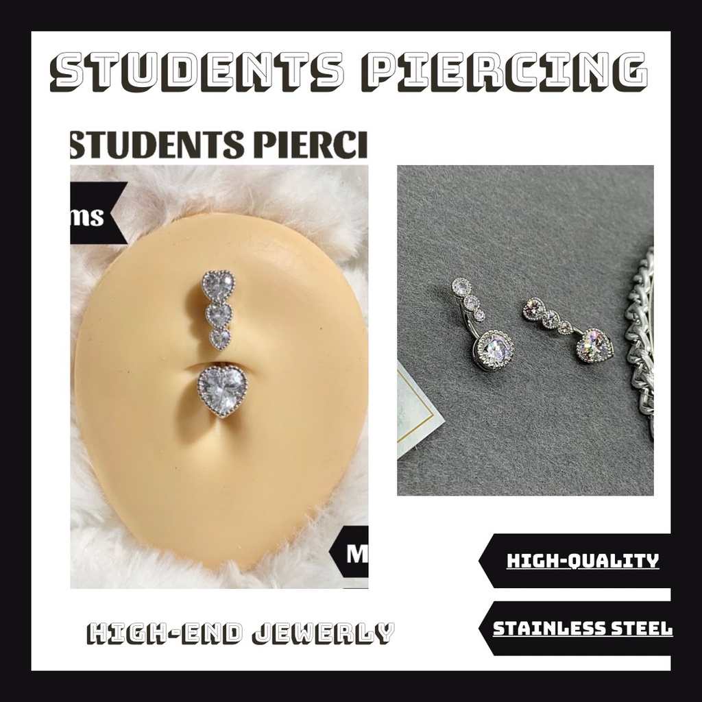 [Rẻ Vô Địch] Khuyên Rốn 3 Đá Hình Trái Tim Màu Bạc - Khuyên Thép 316L