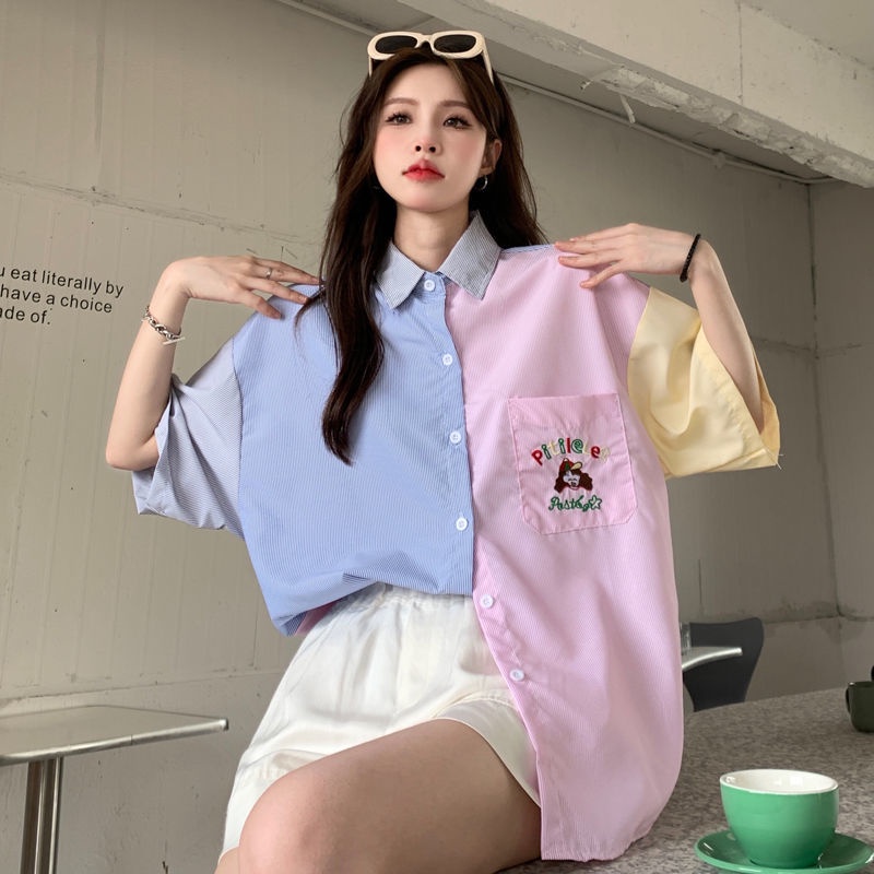 Áo Sơ Mi Tay Ngắn Kẻ Sọc Màu Sắc Tương Phản Phong Cách Hong Kong Thời Trang Mùa Hè Cho Nữ