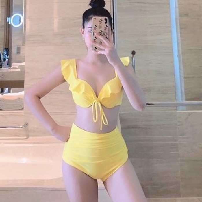 Bikini hai mảnh bộ bơi đồ bơi đẹp màu đen bèo vai đẹp mặc đi biển