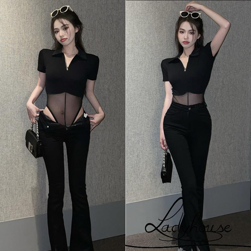 LDD-Women Attractive Sheer Bodysuit, Black Solid Color Quarter Zip Turn-down Neckline Romper