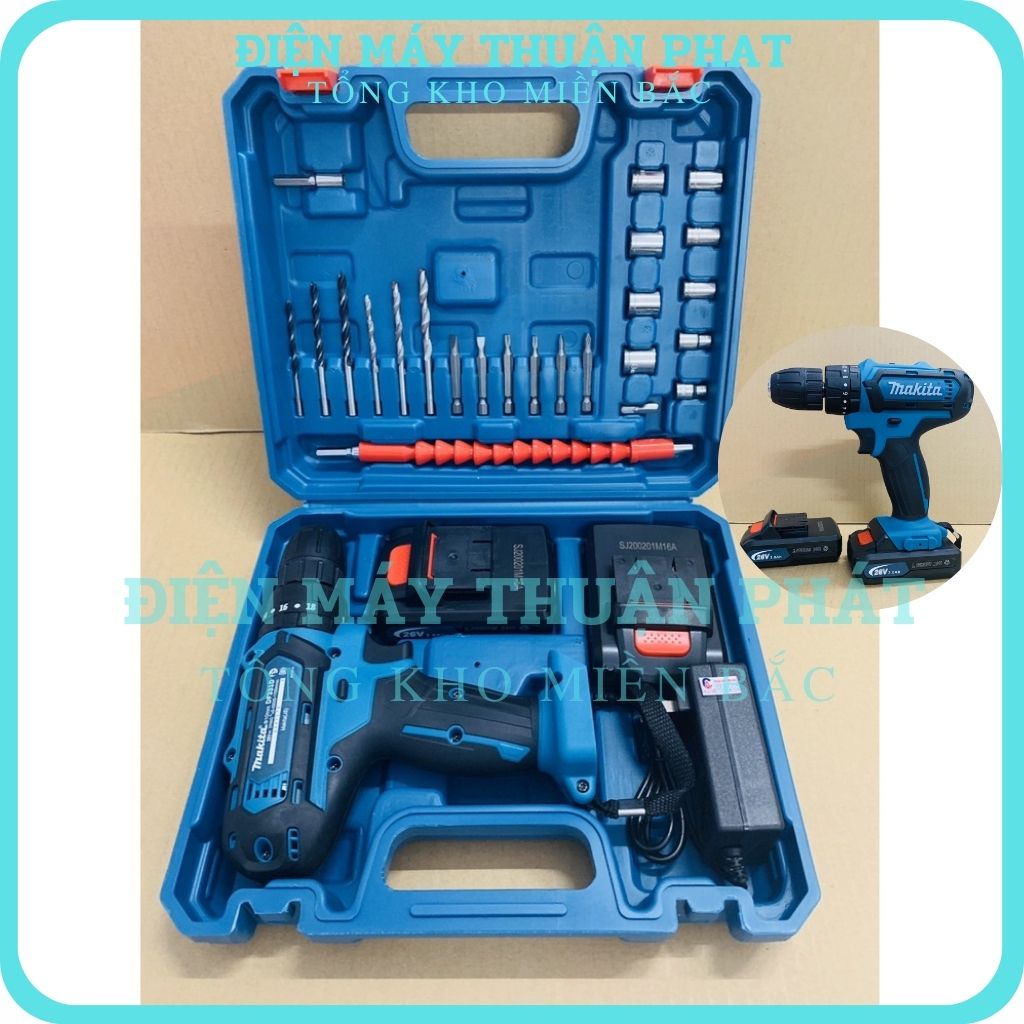Máy khoan pin bắn bắt siết ốc vít bulong cầm tay Makita 26V chổi than mini đa chức năng- Tặng 24 Phụ Kiện