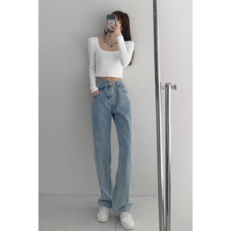 Quần jean nữ ống rộng  Cạp lưng cao dây chéo siu hot dáng ống suông chất bò dầy dặn trẻ trung LX2071