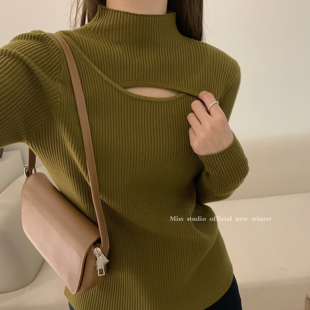 Áo dệt kim ZHELIHANGFEI tay dài cổ cao thiết kế bất đối xứng thời trang quyến rũ