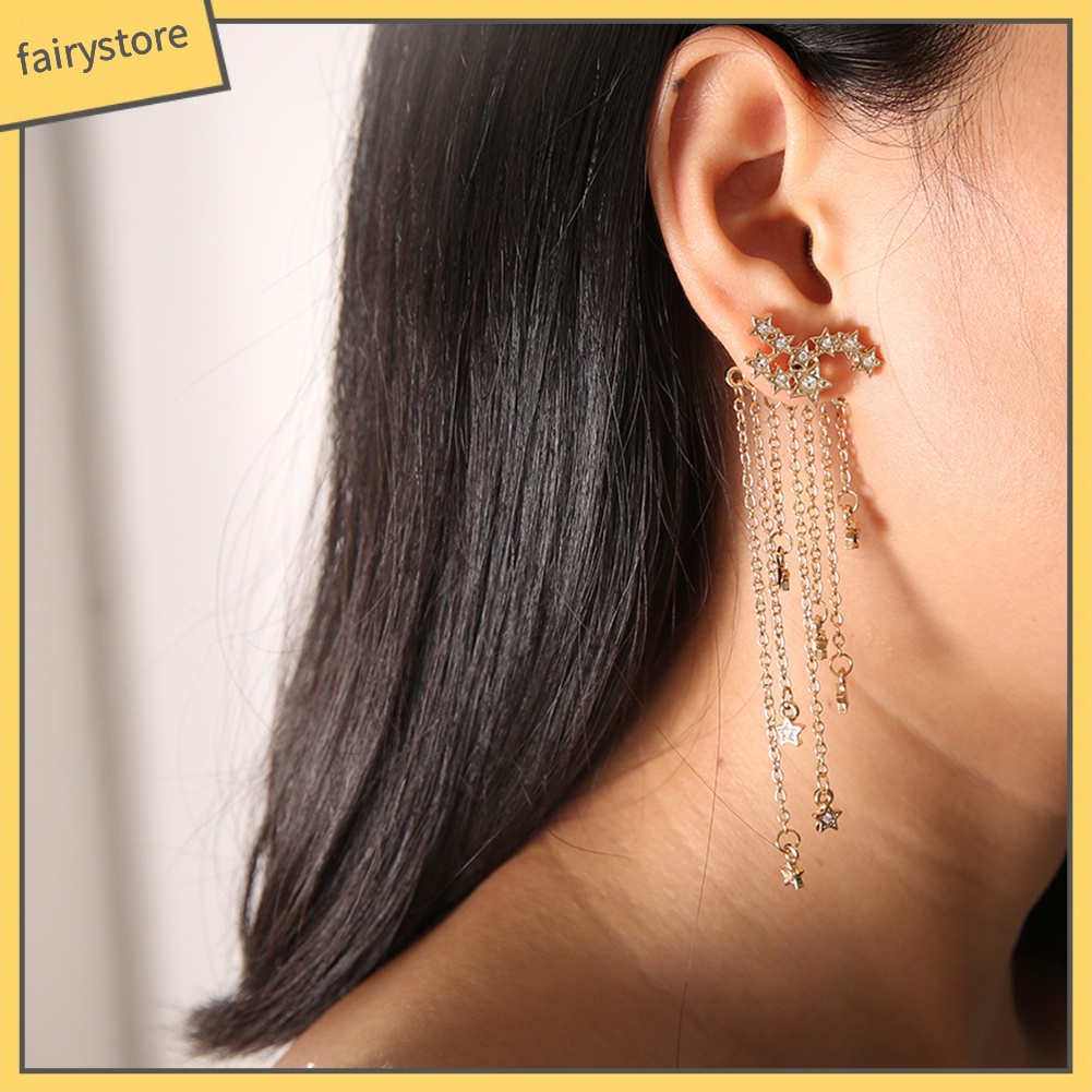 Khuyên tai dáng dài thiết kế tua rua đính ngôi sao độc đáo cho nữ