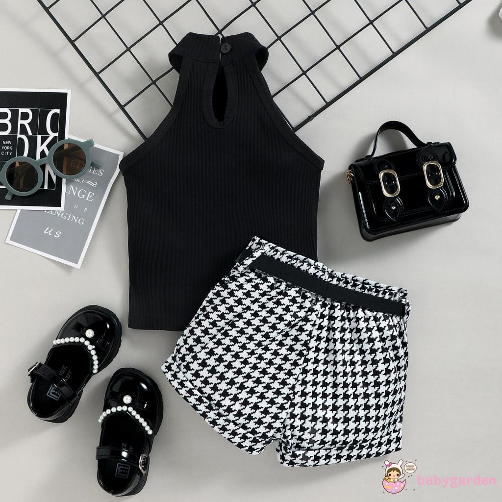 Set Áo Không Tay Cổ Đứng + Quần Short Màu Trơn Kèm Thắt Lưng Dành Cho Bé Gái 4 Tuổi