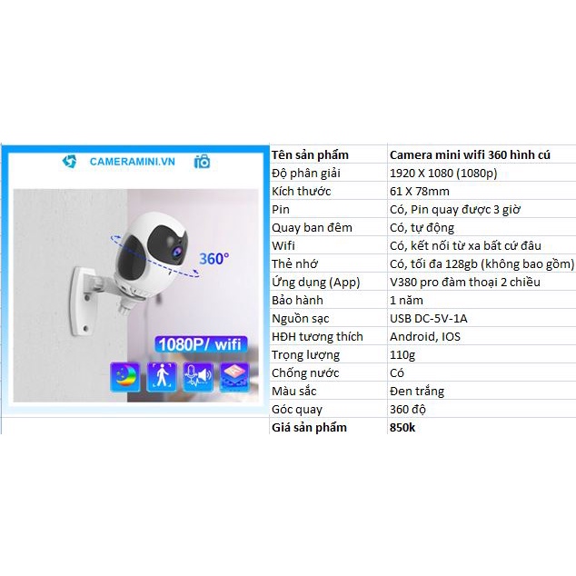 Camera mini wifi 360 hình cú 1080p giám sát an ninh, đàm thoại 2 chiều, quay ban đêm, pin 3 giờ, zoom 4X