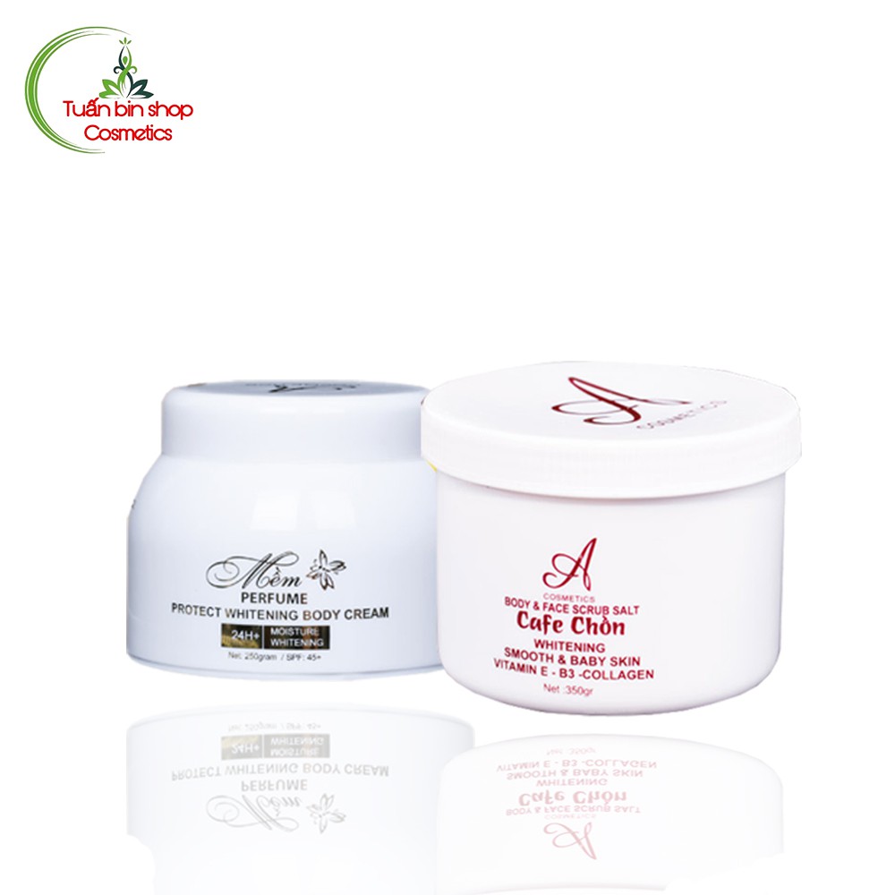 Bộ sản phẩm tẩy da chết, dưỡng trắng da Acosmetics (Kem body mềm và Muối tẩy tế bào chết cafe chồn)