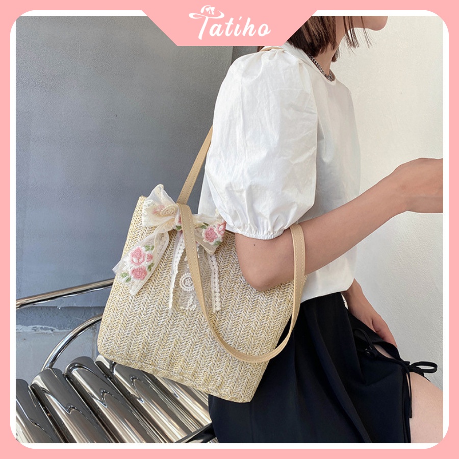 [HÀNG XỊN, GIÁ TỐT] Túi Xách Vintage ( Túi Cối Đi Biển ) Phong Cách Thời Trang Năng Động &amp; Phối Nơ Ren - Mã TUI48