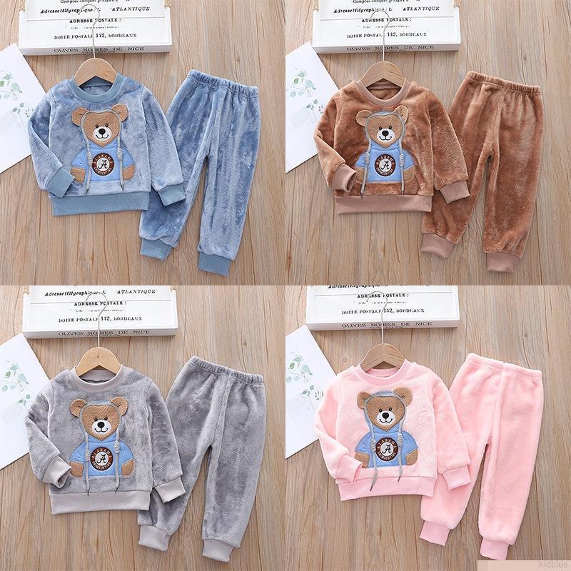 Bộ đồ ngủ gồm áo nỉ tay dài + quần dài in họa tiết gấu hoạt hình dễ thương cho bé